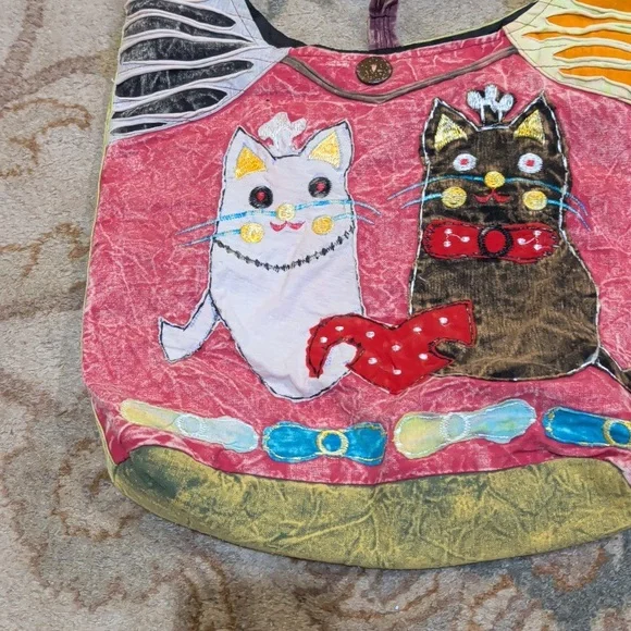 Whimsical Patchwork Cat Vintage Sling Shoulder Crazy Cat Lady Crossbody Bag - Picture 2 of 6